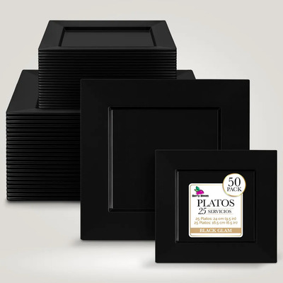 Berry Bloom 50 Platos Elegantes Premium Reutilizables, Vajilla de Platos Cuadrados, Incluye 25 Platos Grandes (25 cm) y 25 Platos Medianos (16 cm) Color Negro | Envío gratis