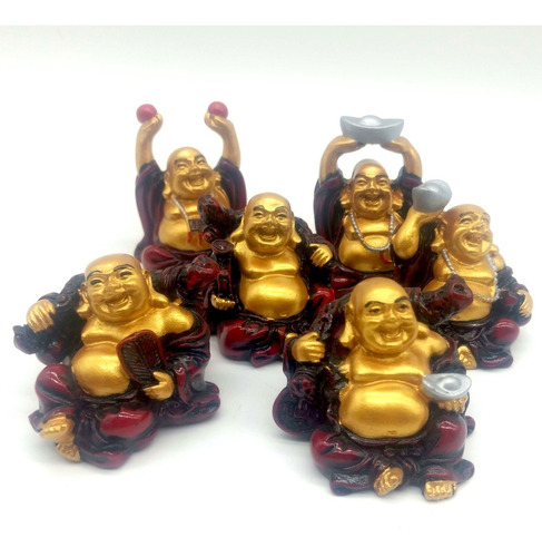 Mini Buda Chines Alegria Sentado Dourado Com Vermelho 4 Cm