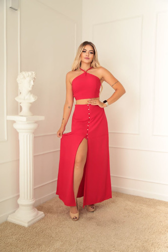 Conjunto Feminino Saia Longa Com Botões+ Cropped Lançamento