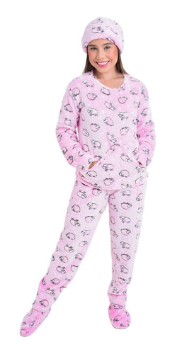 Pijama Feminino Fleece Soft Pelucia Inverno Touca Pantufa