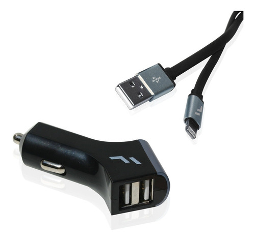 Cargador 2.1 Amp Auto 2 Puertos Usb Y Cable Lightning Plano