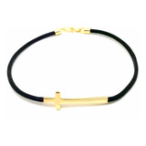 Pulseira Joia Masculina Couro Preto Cruz Fina Banho Ouro 18k