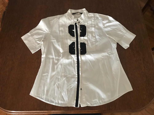 Zara Camisa Blusa Blanca Y Negro Manga Corta Bordada Mujer L