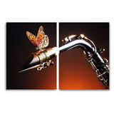 Quadro Decorativo Saxofone E Borboleta Em Tecido 2 Peças