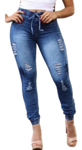 Calça Jeans Jogger Feminina Rasgada Hot Pants C/ Elastico