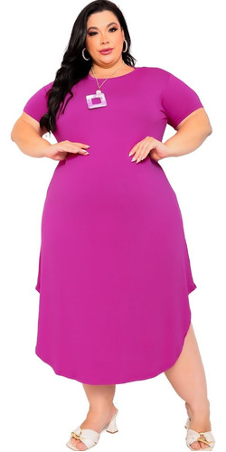 Vestido Plus Size Longo Moda Evangélica Midi Alça C/ Fenda