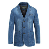 Saco Blazer Hombre Mezclilla Jeans Bolsillo Grande Slim Cut