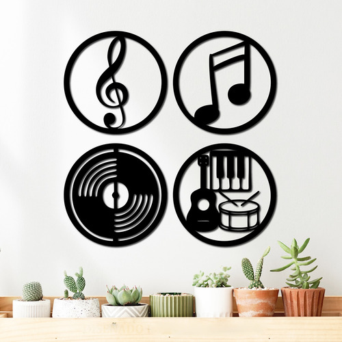 Set 4 Cuadros Decorativos Música 30x30 C/u - Madera