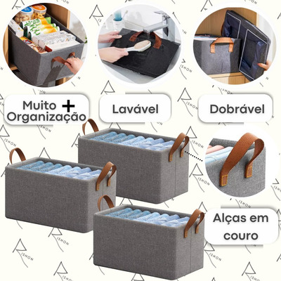 Kit 3 Caixas Organizador De Guarda Roupa Cesto Gaveta Caixa Organizadora Rishon Com Alça De Couro Super Resistente