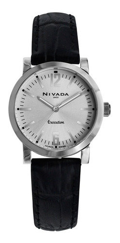 Reloj Nivada Executive Dama, Correa De Piel Negra Correa Negro Bisel Plateado Fondo Plateado