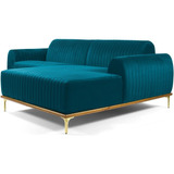 Sofá 3 Lug Chaise Direito Molino 230cm Veludo Azul C-66 Desenho Do Tecido Liso