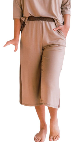 Pantalón Capri Ancho Combinado Con Bolsillos Modal