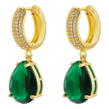 Aros Gota Baño Oro 18k Brillo Strass Verde Ingles Fiesta