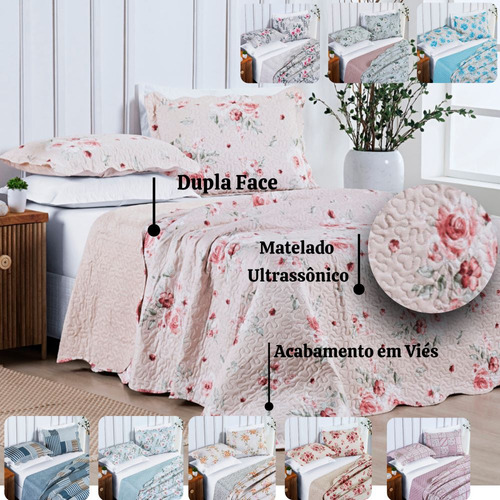 Colcha Casal Queen 3pc Sorelle Estampado C/viés Dupla Face