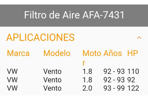 Filtro De Aire Motor Vw Vento 1.8 2.0 92/99 7431 Foto 8