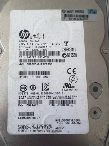 Disco Rigido Hp 600gb Ef0600fatff Nhp Sas 15k Lff G6 G7 G8