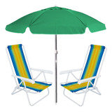 2 Cadeira De Praia 4 Posições + Guarda-sol Verde 1,60 M