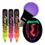 3 Caneta Comestível Neon Pen Fluor + Lampada De Luz Negra