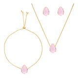 Conjunto Pulseira Brinco Colar Gota Rosa Claro Folheado Ouro