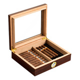 Humidor Cigarro Cubano Caja Con Higrómetro Tapa Vidrio 35pzs