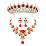 Elegante Colar Com Coroa De Noiva Vermelha, Conjunto De Brin