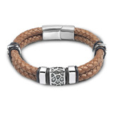 Pulseira Masculina Bracelete Marrom Couro Legítimo Aço Inox