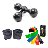 Kit Treino Peso Halter 1 Kg + Caneleira 1 Kg + Kit Mini Band Cor Preto