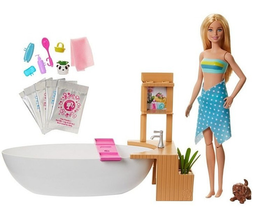 Barbie Rubia Set Baño Espuma Con Bañera Cachorro Accesorios