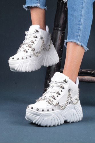 Botin Para Dama Plataforma Alta En Tendencia Rocker Blanco 