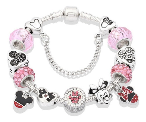 Pulsera De Mickey Y Minnie Mouse Varios Dijes En Color Rosa