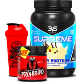 Whey Protein 3w Supreme 900g Sabor Baunilha + Pré Treino Prohibido 360g + Coqueteleira 3vs Nutrition