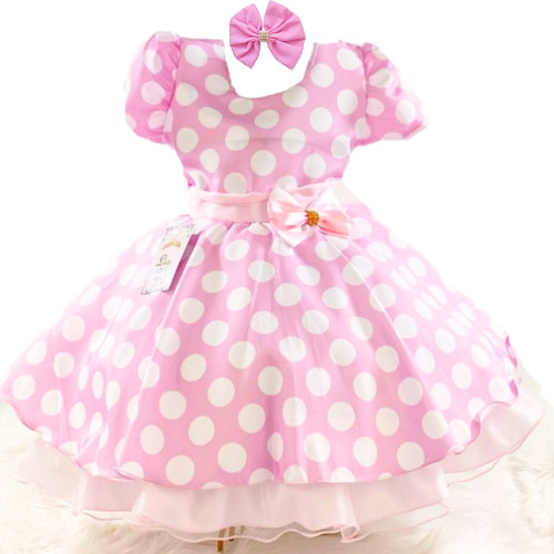 Vestido Festa Temático Infantil Minnie Rosa Luxo  + Brinde