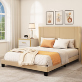 Base Cama Tapizada Queen Plataforma Terciopelo Beige Respald