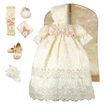 Vestido Ropón Bautizo Niña Bordado + Kit Vela + Zapatos Lp5 | Meses sin interés