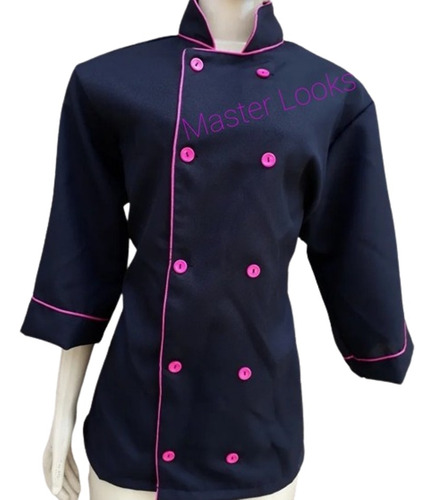 Dolmã Feminina Oxford Preta Com Rosa Pink Uniforme Chef