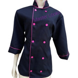 Dolmã Feminina Oxford Preta Com Rosa Pink Uniforme Chef