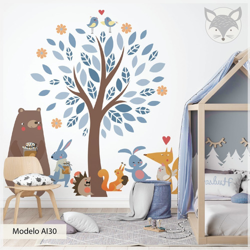 Vinilo Decorativo Pared Infantil Nenas Nenes Arbol Animales