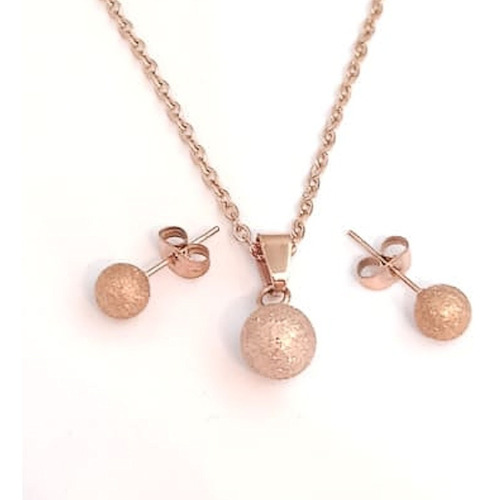 Conjunto Dije Bola Acero Rosé Ionizado + Cadena + Aros