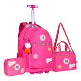 Kit Mochila Escolar Rodinha Feminina Juvenil Espaçosa Pompom