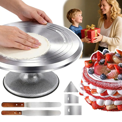 Pastel Giratorio 360° Base Giratoria Soporte Profesional De Aluminio Para Repostería, Fondant, Cupcakes Y Mermeladas Base Giratoria Para Decorar Tartas Incluye Espátula Antiadherente Y Succión | Meses sin interés