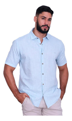 Camisa Manga Curta Casual Masculina Ogochi Slim Azul