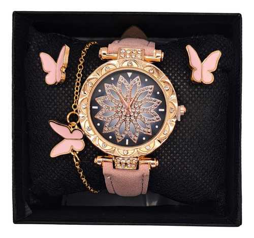 Reloj Rosa Mujer Elegante Más Juego De 4 Piezas Accesorios 