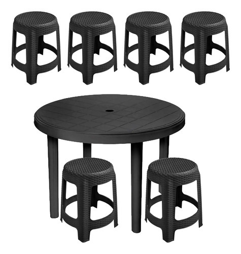 Mesa Desmontável Redonda +6 Banqueta Rattan Quiosque Preta Cor Preto