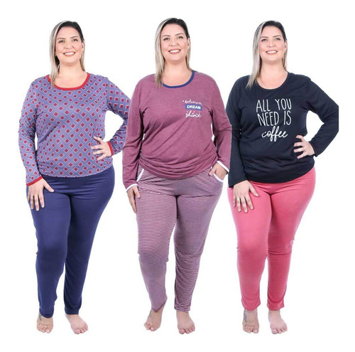 Kit 3 Pijamas Plus Size (g1 Ao G4)