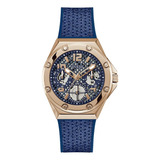 Reloj Guess Gw0620l3 Mujer Multifuncion Malla Azul Bisel Dorado Fondo Azul