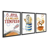 Kit 3 Quadros Decorativos  Amor Tempero Cozinha Desenhos A4