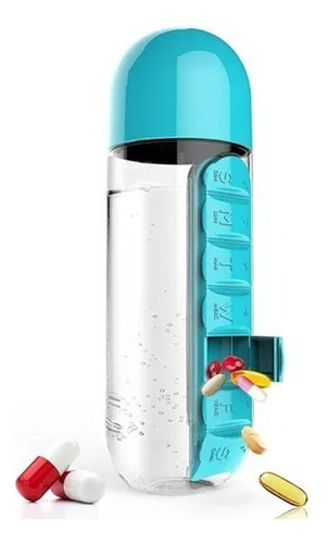 Botella De Agua 600ml + Organizador De Pastillas Color Celeste