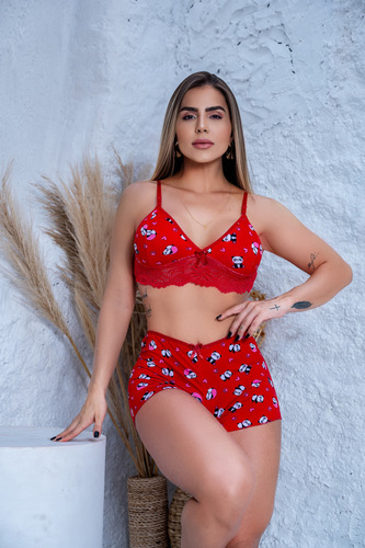 Conjunto Top Doll Pijama Confortável Estampadinho Sem Bojo