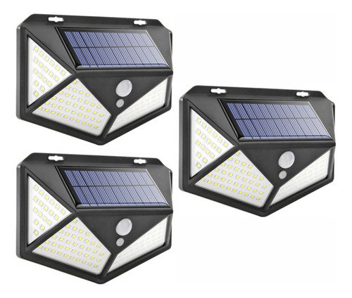 3x Luminárias Parede Solar 100 Leds Bateria Luz Balizador