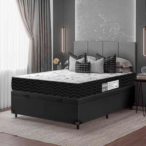 Cama Box Baú Casal + Colchão D33 One Face - Couro Preto